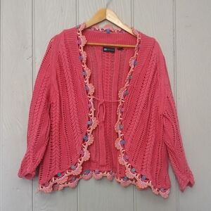 Coral Cardigan with Multicolor Crochet Trim Large See Measurements